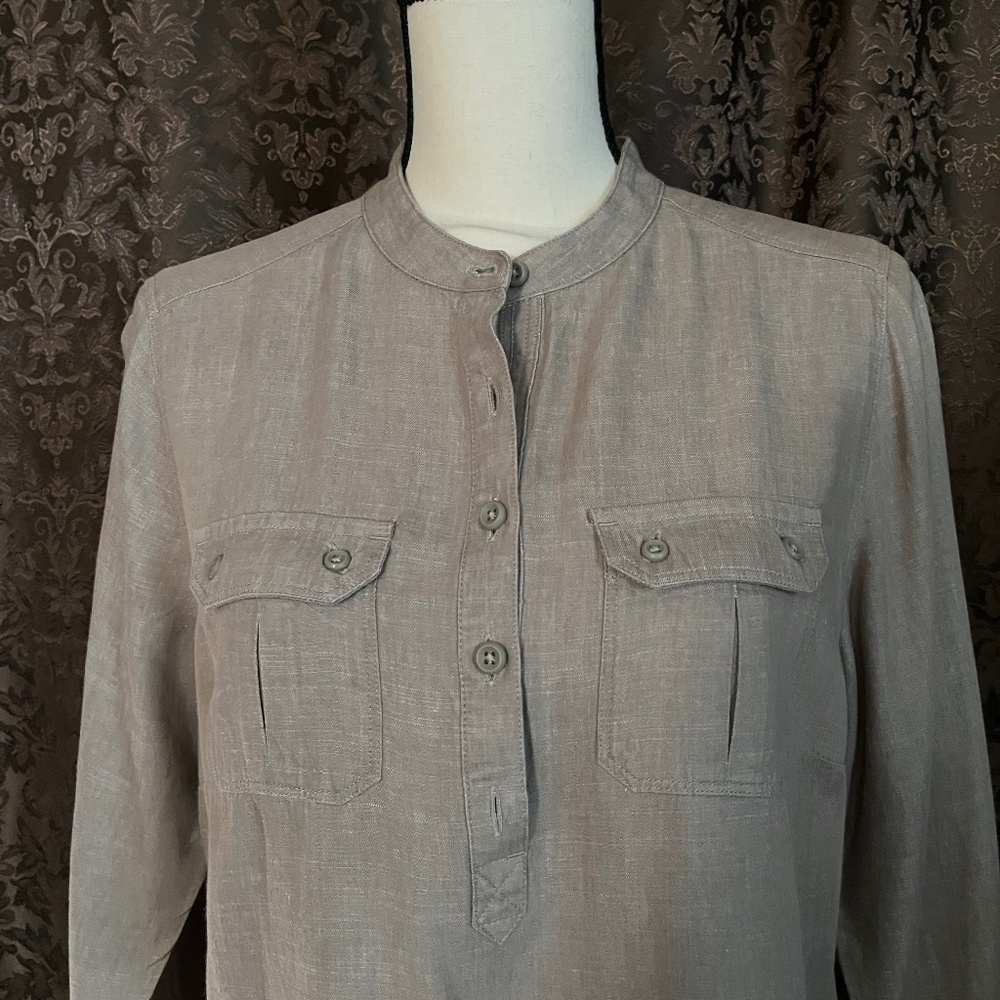 L.L. Bean Linen Tencel Blend Johnny Collar Shirt Taupe Soft Lightweight Comfy S